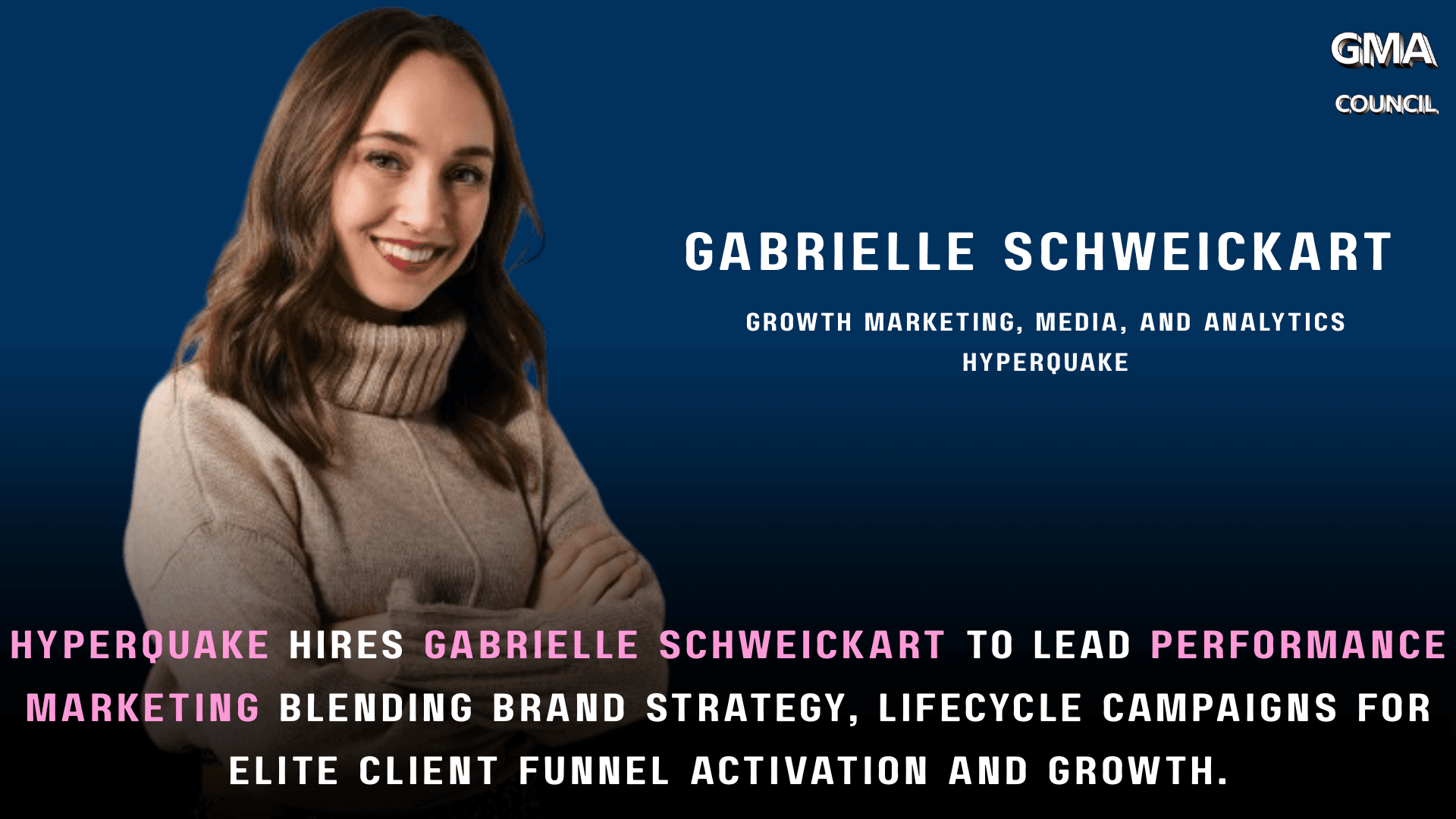Hyperquake hires Gabrielle Schweickart to lead performance marketing blending brand strategy, lifecycle campaigns for elite client funnel activation and&nbsp;growth.